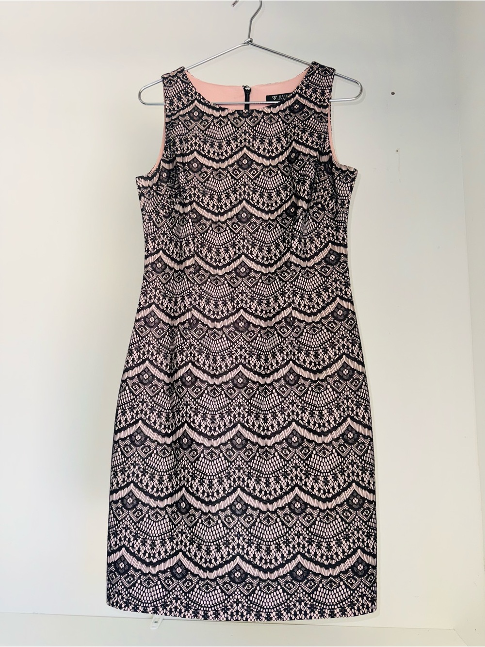 Guess Pink and Black Lace-Effect Midi Dress